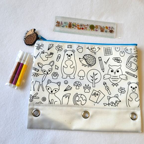 Like New Color Your Own Animal Pencil / Pen Pouch w/ pens and ruler - Picture 2 of 7